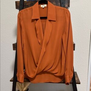 L'AGENCE Rust-Orange Draped Collar Silk Blouse - pristine condition
